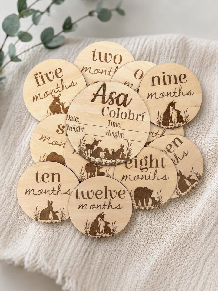 Woodland Baby Milestone Discs & Personalized Birth Announcement – Monthly Baby Milestones