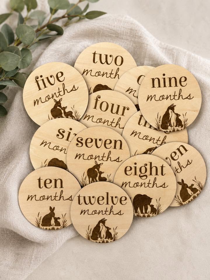 Woodland Baby Milestone Discs & Personalized Birth Announcement – Monthly Baby Milestones