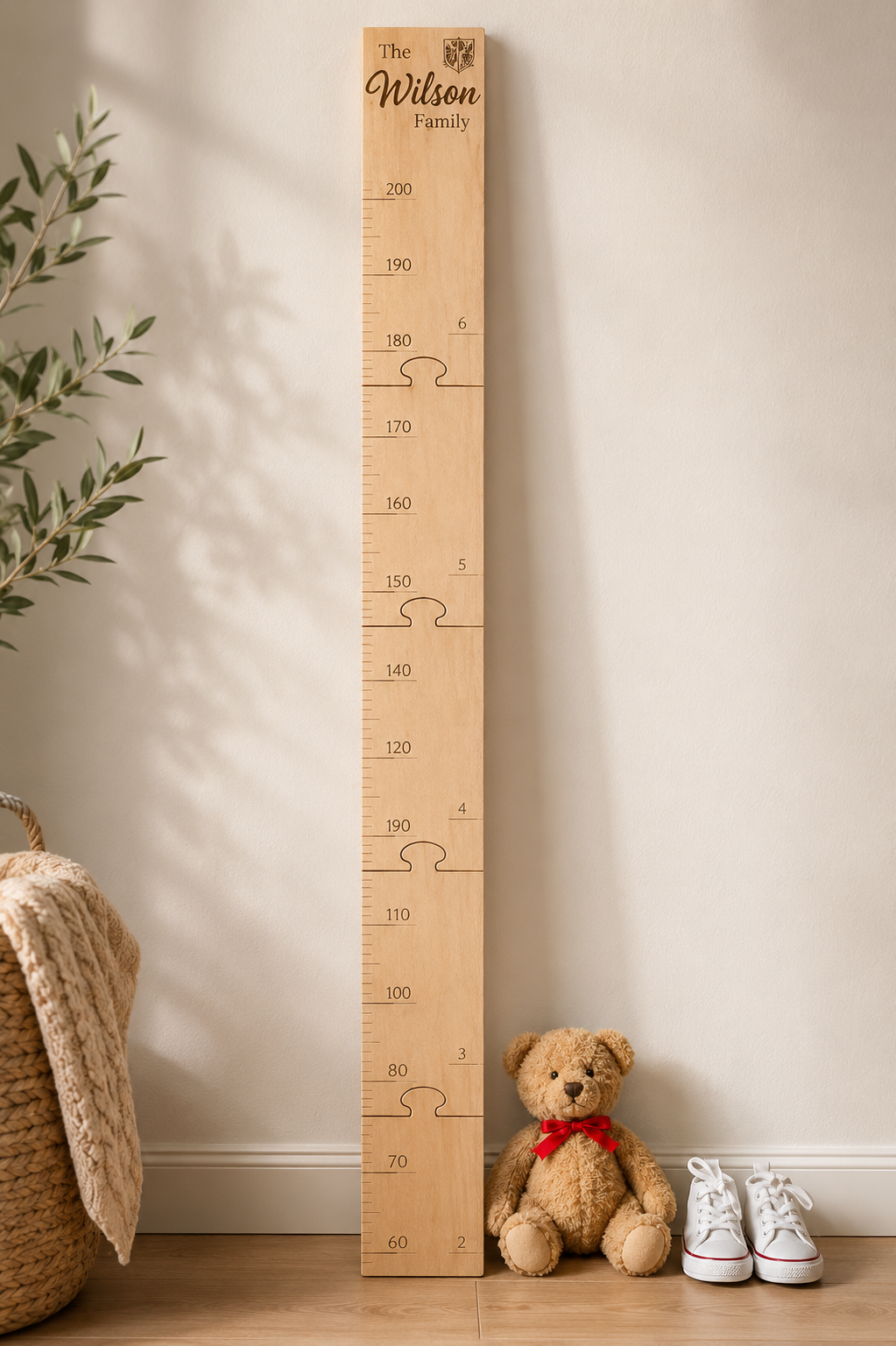 Personalized Wooden Growth Chart Height Ruler – Laser Engraved Family Name, Puzzle-Style Wall Height Chart in Inches & Centimeters