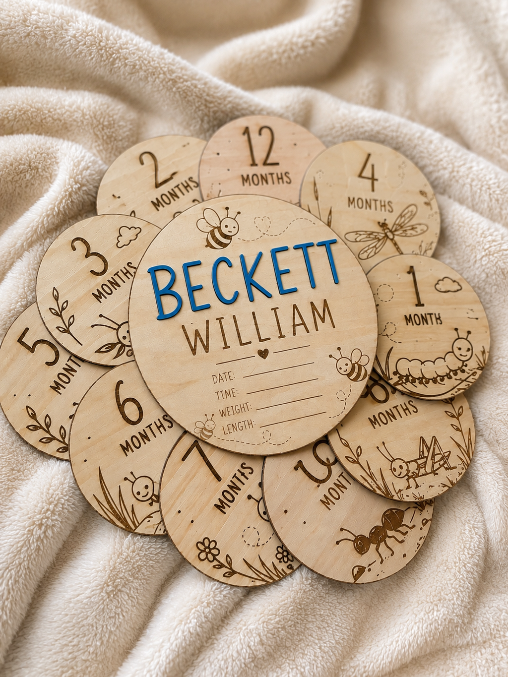 Personalized Wooden Baby Monthly Milestone Discs | 1–12 Months | Bee Baby Milestone Set | Optional Birth Announcement