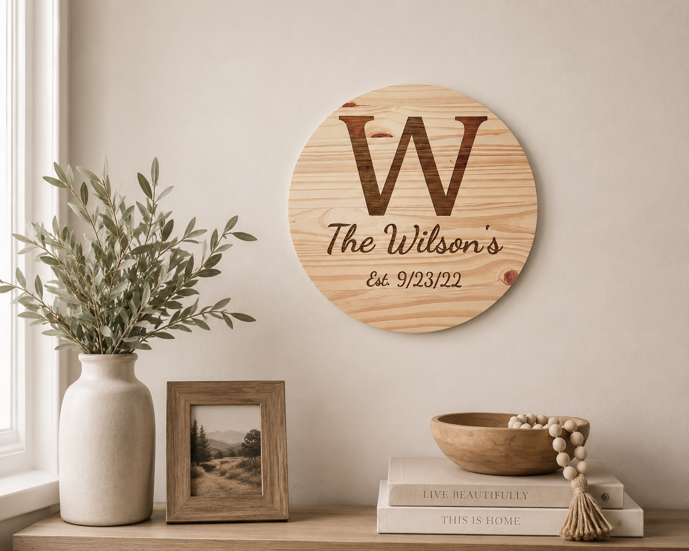 Personalized Wooden Family Name Sign – 17.75" Round Custom Laser Engraved