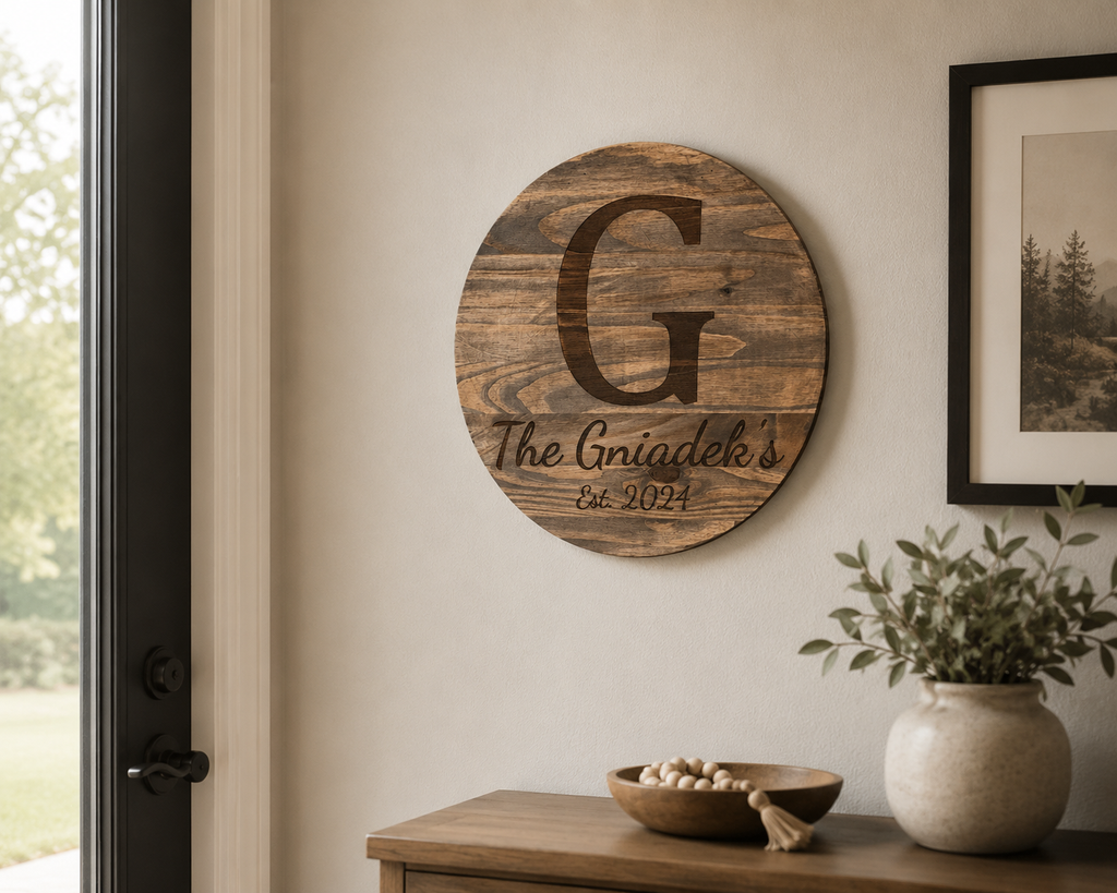 Personalized Wooden Family Name Sign – 17.75" Round Custom Laser Engraved
