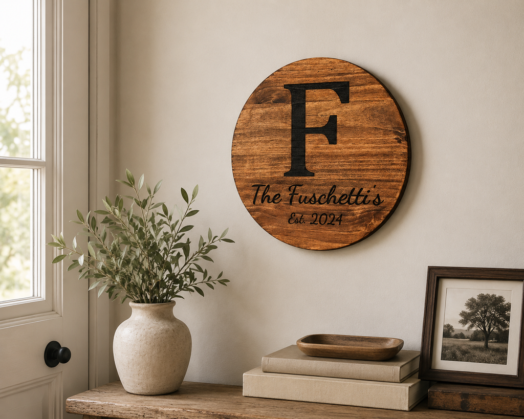 Personalized Wooden Family Name Sign – 17.75" Round Custom Laser Engraved