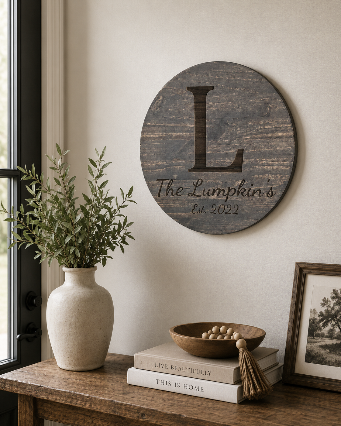Personalized Wooden Family Name Sign – 17.75" Round Custom Laser Engraved