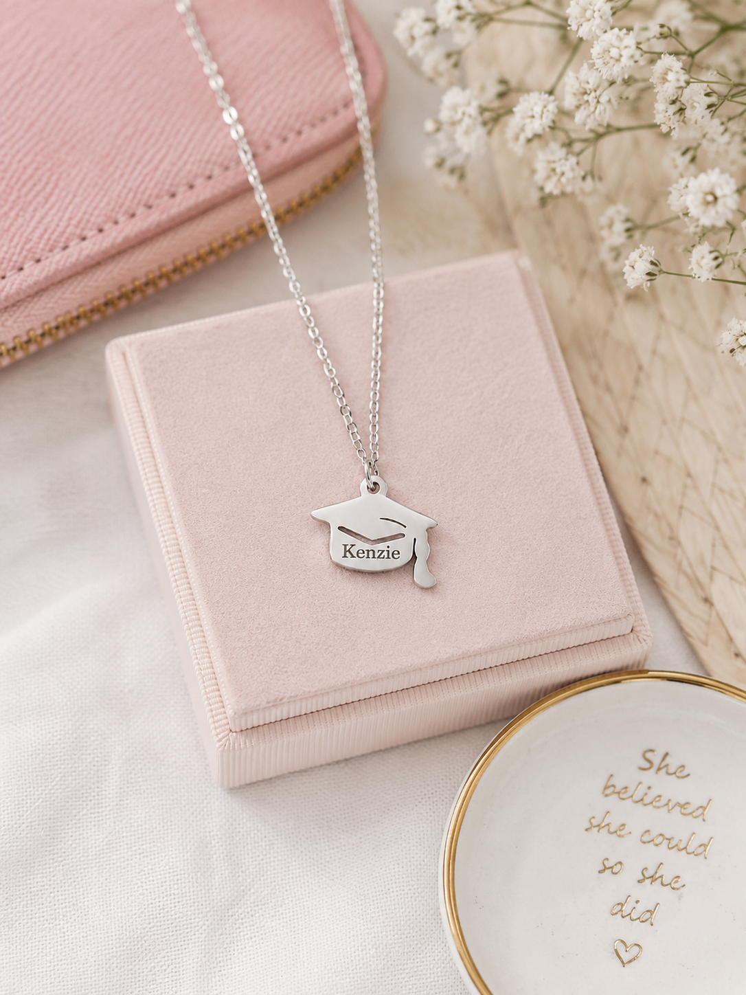 Personalized Graduation Cap Necklace – Engraved Stainless Steel Name Necklace