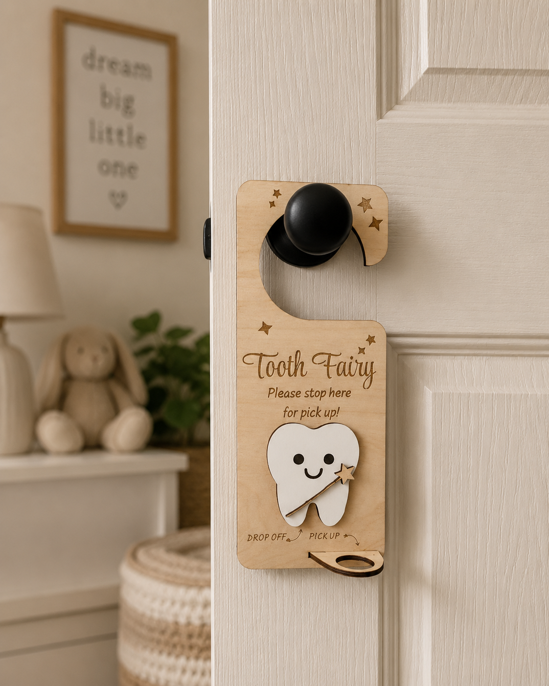 Personalized Wooden Tooth Fairy Door Hanger with Glass Jar | Laser Engraved Tooth Fairy Holder