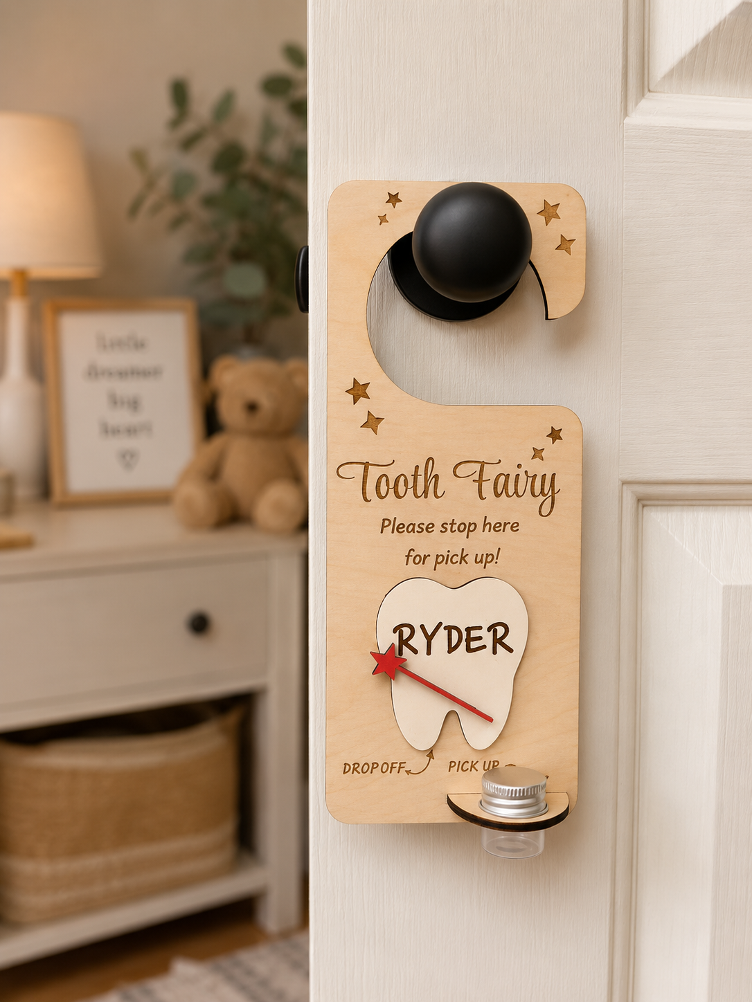 Personalized Wooden Tooth Fairy Door Hanger with Glass Jar | Laser Engraved Tooth Fairy Holder