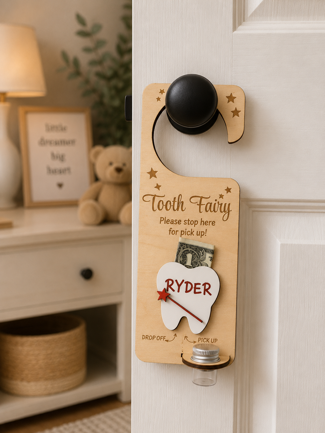 Personalized Wooden Tooth Fairy Door Hanger with Glass Jar | Laser Engraved Tooth Fairy Holder