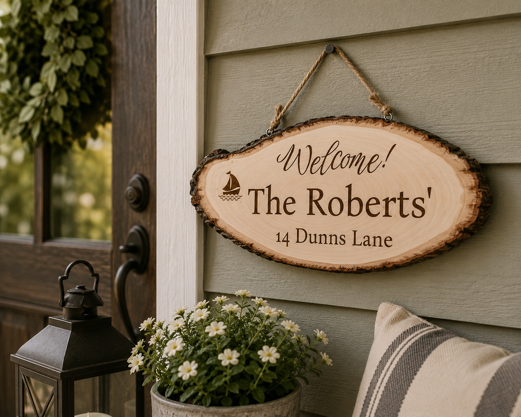 Laser Engraved Wooden Slab Door Hanger – Custom Sayings, Two Sizes Available