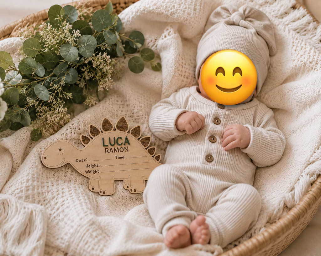 Personalized Dinosaur Wooden Birth Announcement – Custom Laser Engraved Name