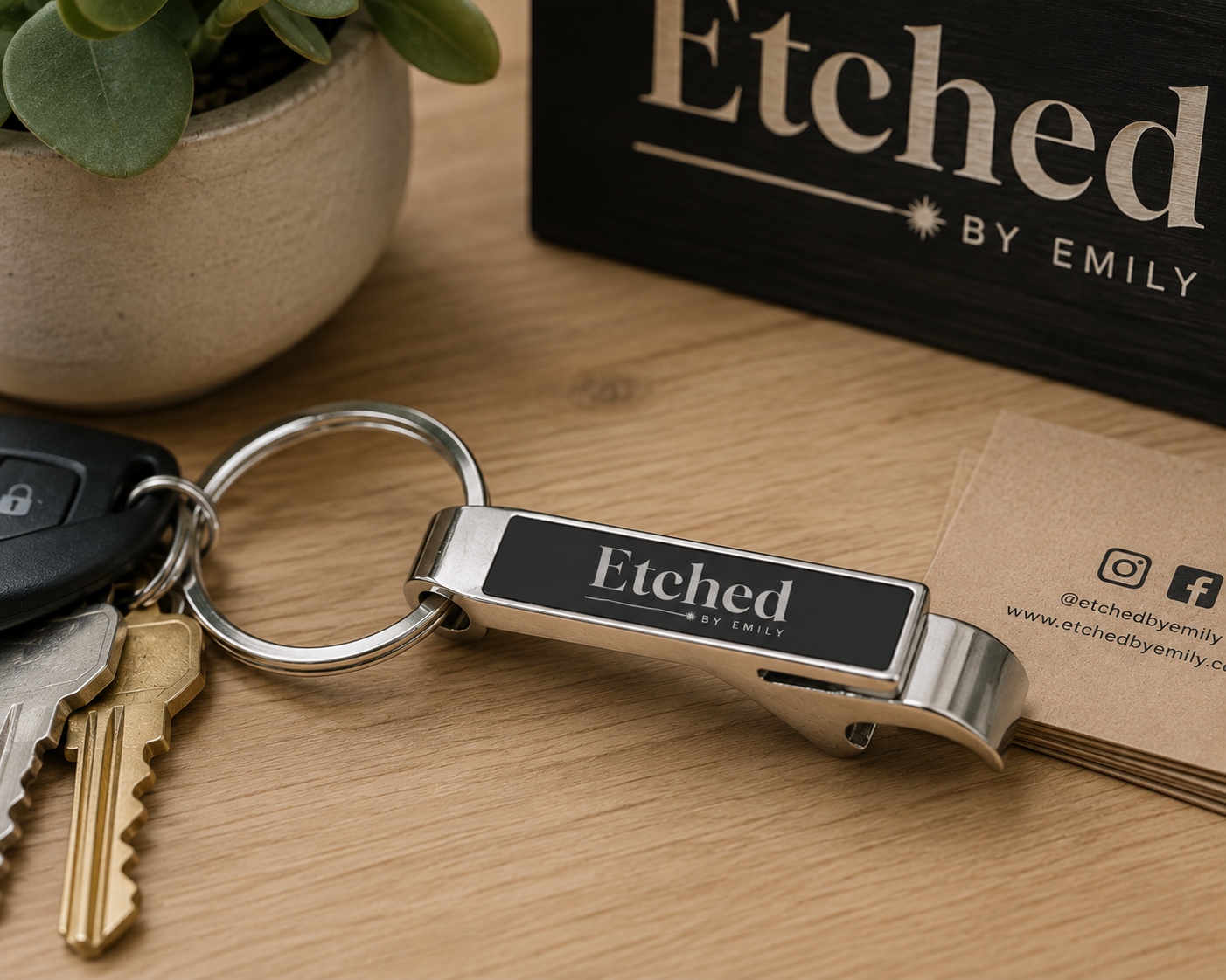 Custom Laser Engraved Metal Bottle Opener Keychain – Black & Silver Personalized Design