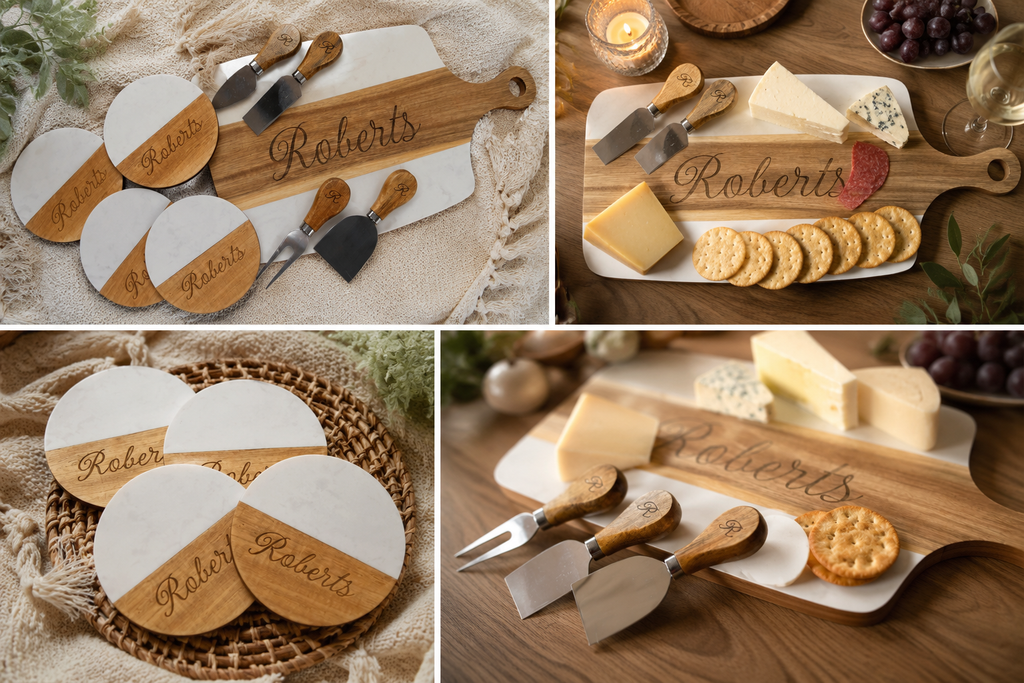 Personalized Marble & Acacia Wood Cheese Board Gift Set with Matching Coasters & Cheese Knives | Custom Housewarming, Wedding & Realtor Closing Gift