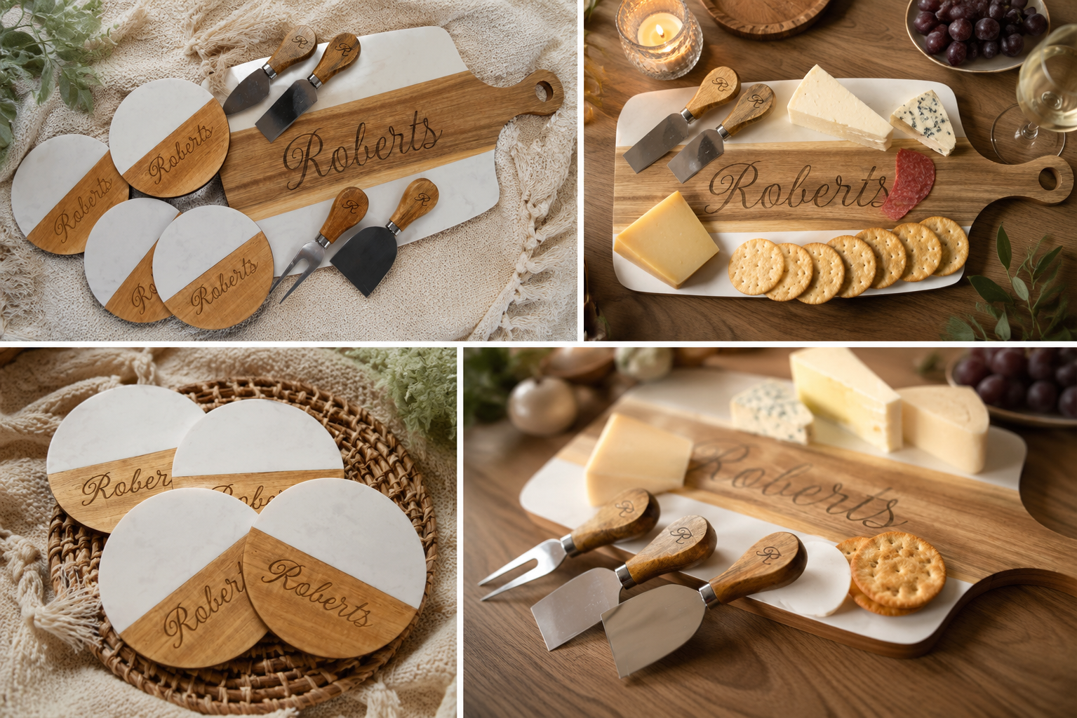 Personalized Marble & Acacia Wood Cheese Board Gift Set with Matching Coasters & Cheese Knives | Custom Housewarming, Wedding & Realtor Closing Gift