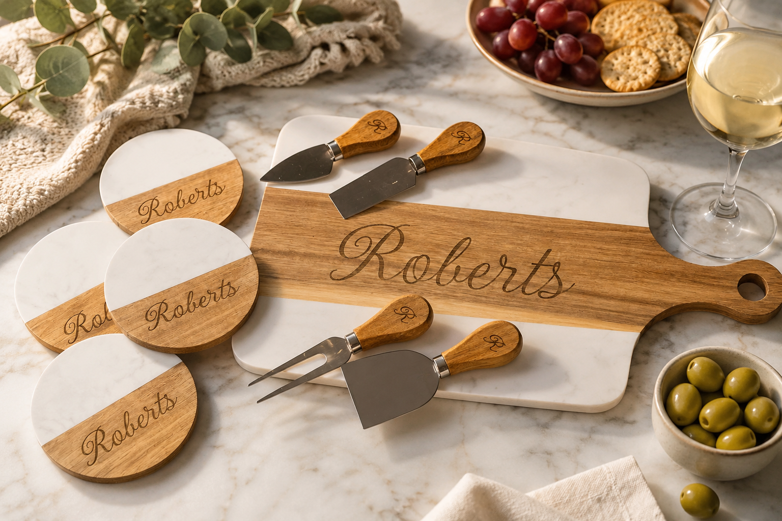 Personalized Marble & Acacia Wood Cheese Board Gift Set with Matching Coasters & Cheese Knives | Custom Housewarming, Wedding & Realtor Closing Gift