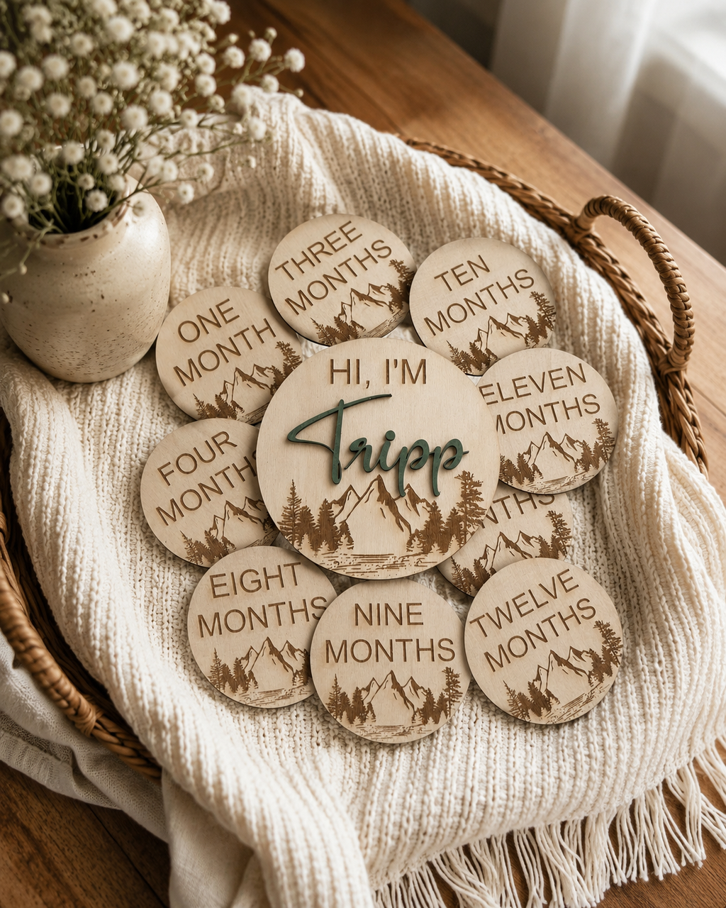 Personalized Wooden Birth Announcement Sign – Mountain Theme (6”)