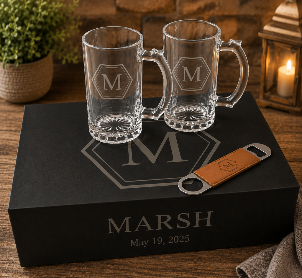 Personalized Beer Gift Set – Laser Engraved Leather Box, Custom Beer Glasses & Bottle Opener – Groomsmen, Wedding & Father’s Day Gift