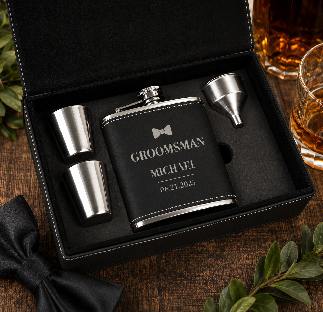 Personalized Groom Flask Gift Set – Custom Wedding Gift Box with Flask, Shot Glasses & Funnel, Funnel & Engraved Leatherette Box
