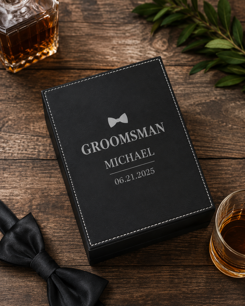 Personalized Groom Flask Gift Set – Custom Wedding Gift Box with Flask, Shot Glasses & Funnel, Funnel & Engraved Leatherette Box