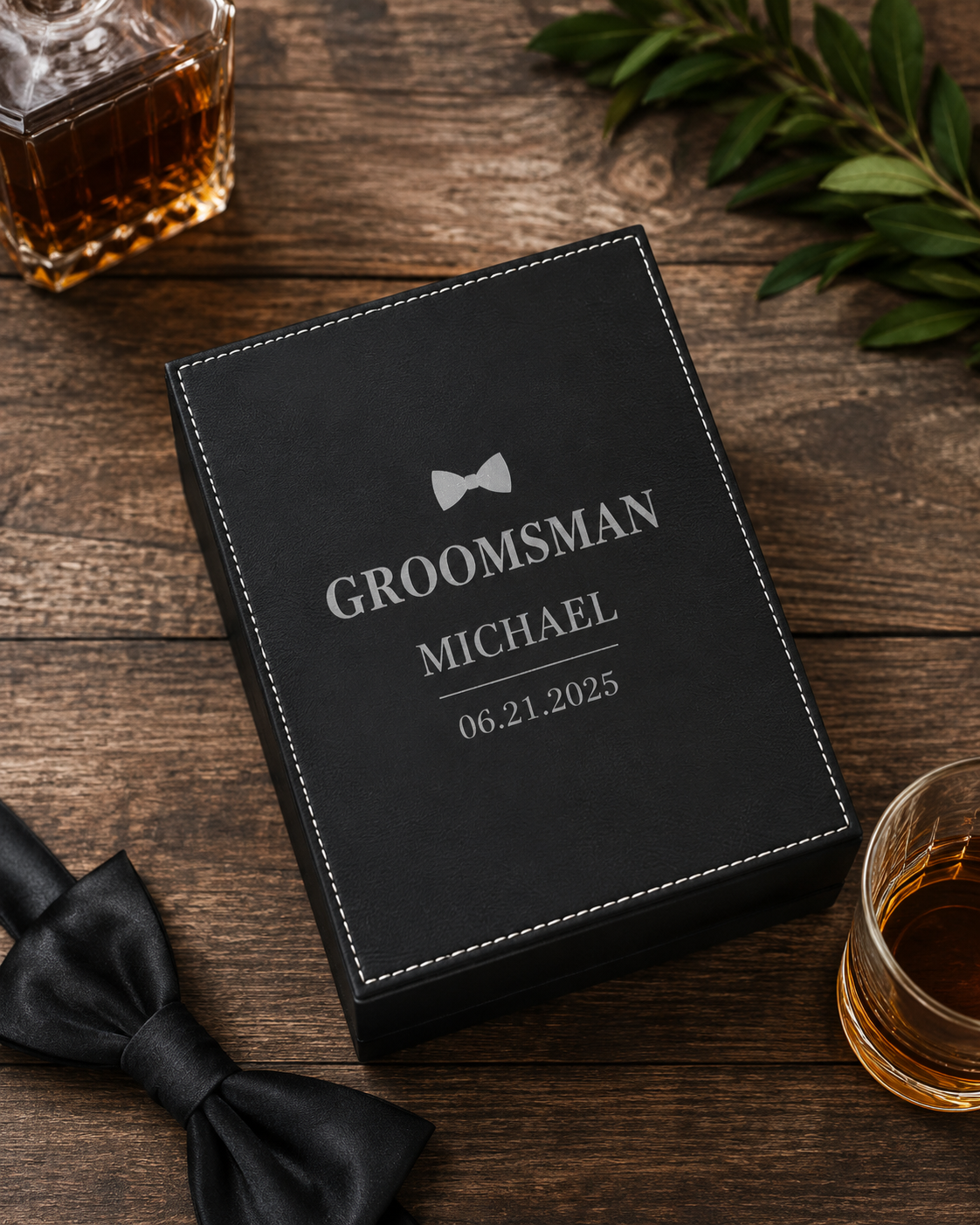 Personalized Groom Flask Gift Set – Custom Wedding Gift Box with Flask, Shot Glasses & Funnel, Funnel & Engraved Leatherette Box