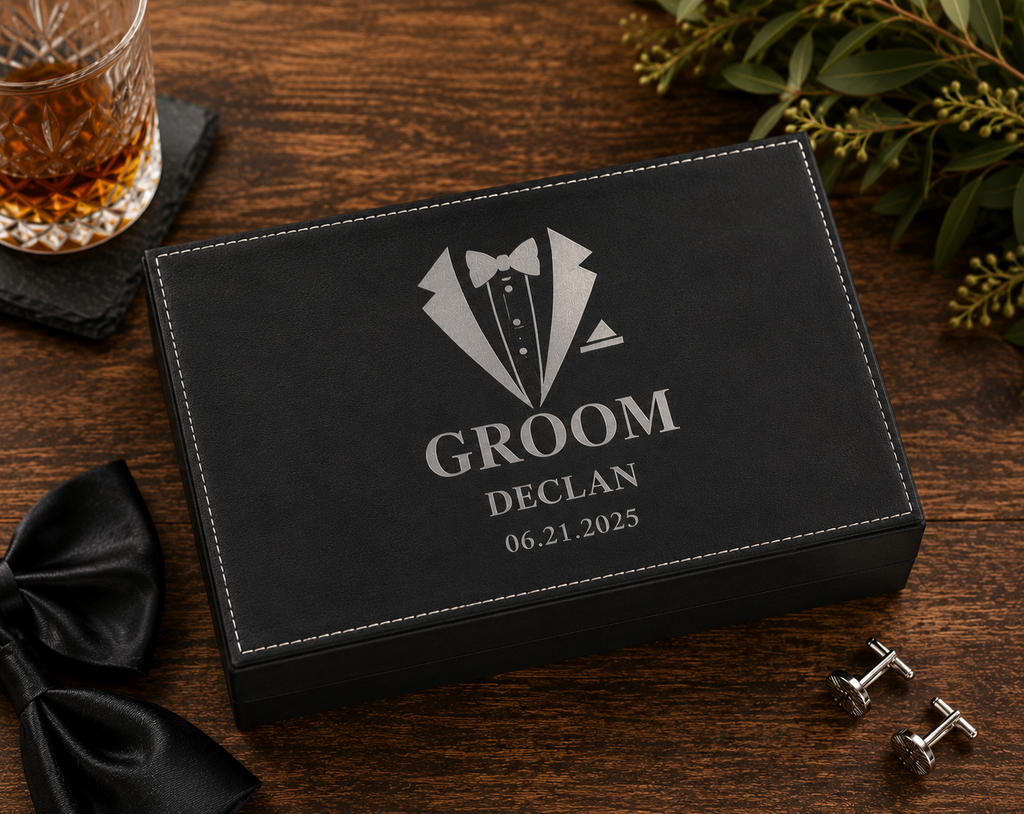 Personalized Groom Flask Gift Set – Custom Wedding Gift Box with Flask, Shot Glasses & Funnel, Funnel & Engraved Leatherette Box