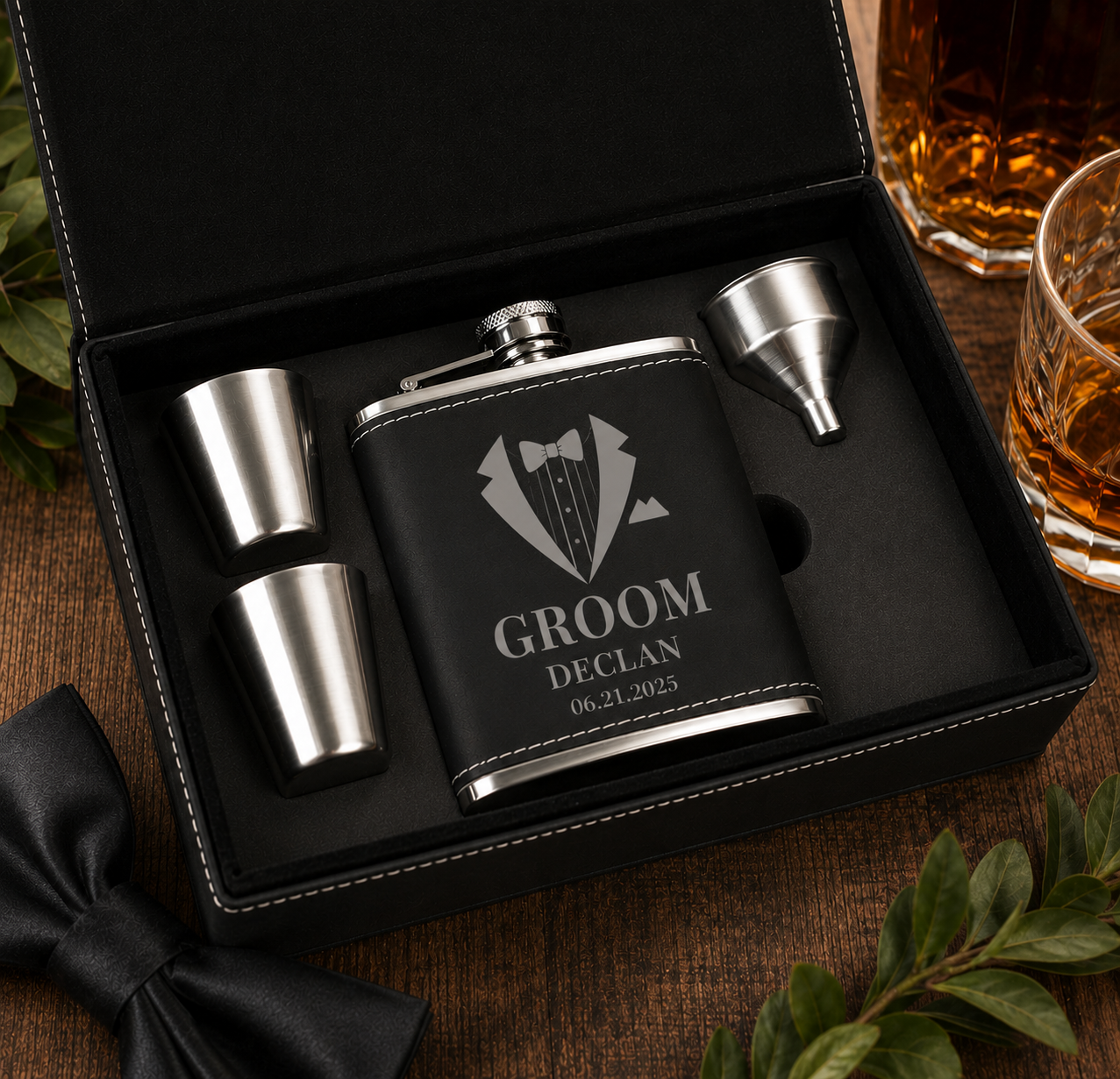 Personalized Groom Flask Gift Set – Custom Wedding Gift Box with Flask, Shot Glasses & Funnel, Funnel & Engraved Leatherette Box