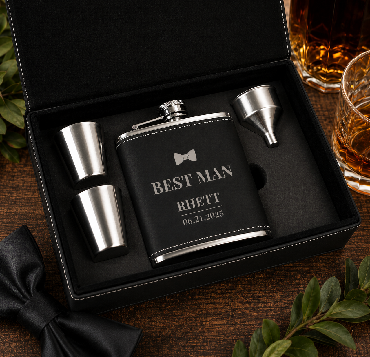 Personalized Groom Flask Gift Set – Custom Wedding Gift Box with Flask, Shot Glasses & Funnel, Funnel & Engraved Leatherette Box