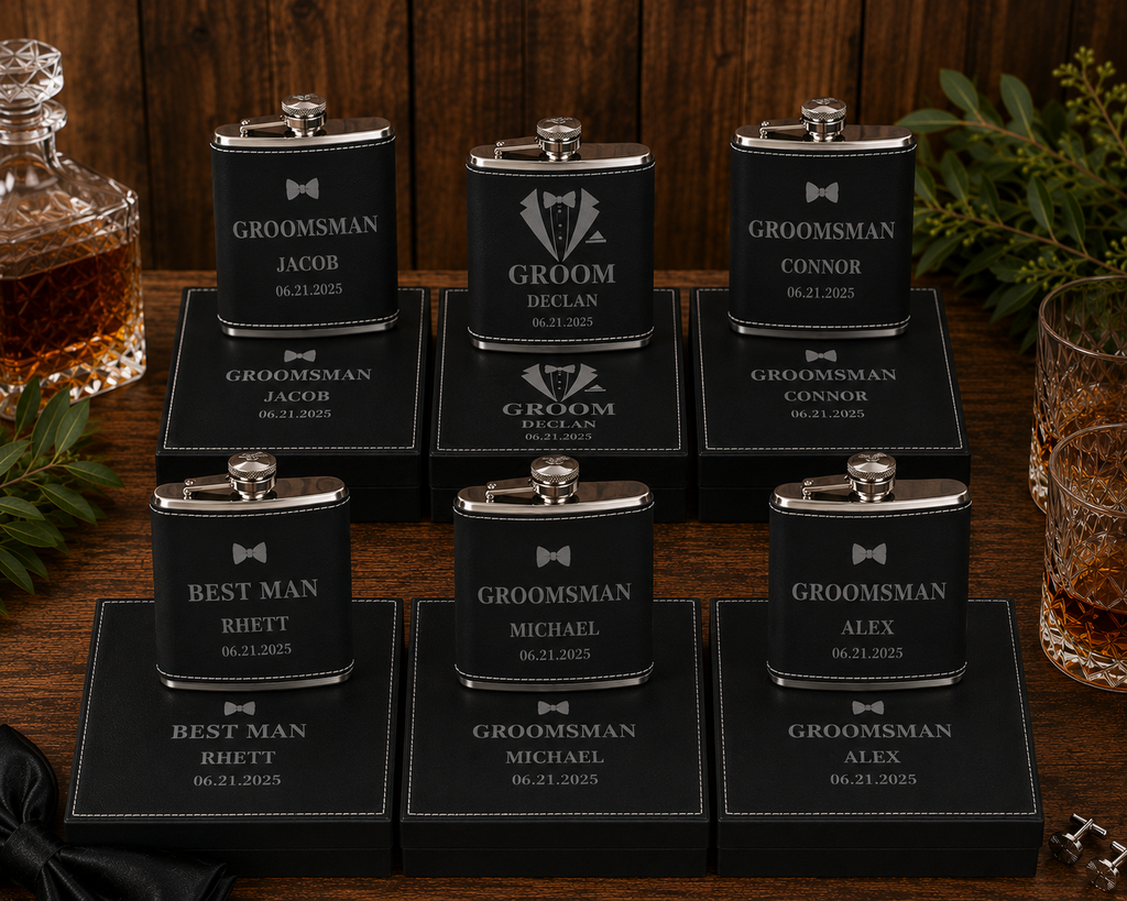 Personalized Groom Flask Gift Set – Custom Wedding Gift Box with Flask, Shot Glasses & Funnel, Funnel & Engraved Leatherette Box