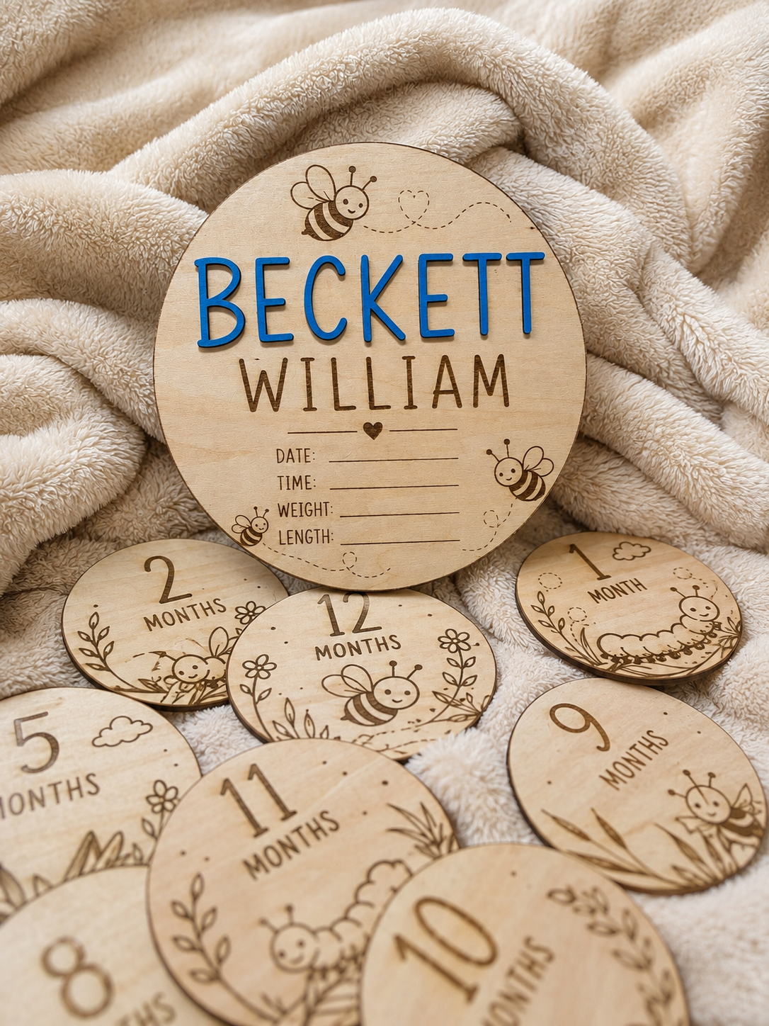 Personalized Wooden Baby Monthly Milestone Discs | 1–12 Months | Bee Baby Milestone Set | Optional Birth Announcement