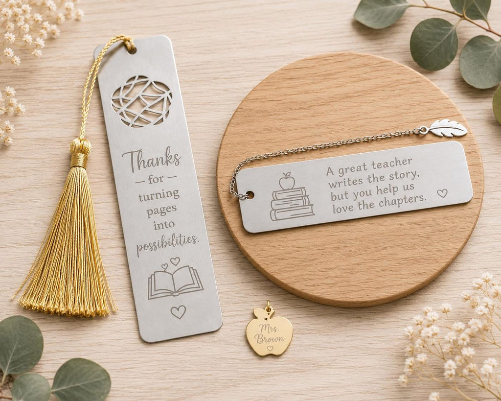 Personalized Engraved Teacher Bookmark with Apple Charm | Custom Teacher Appreciation Gift