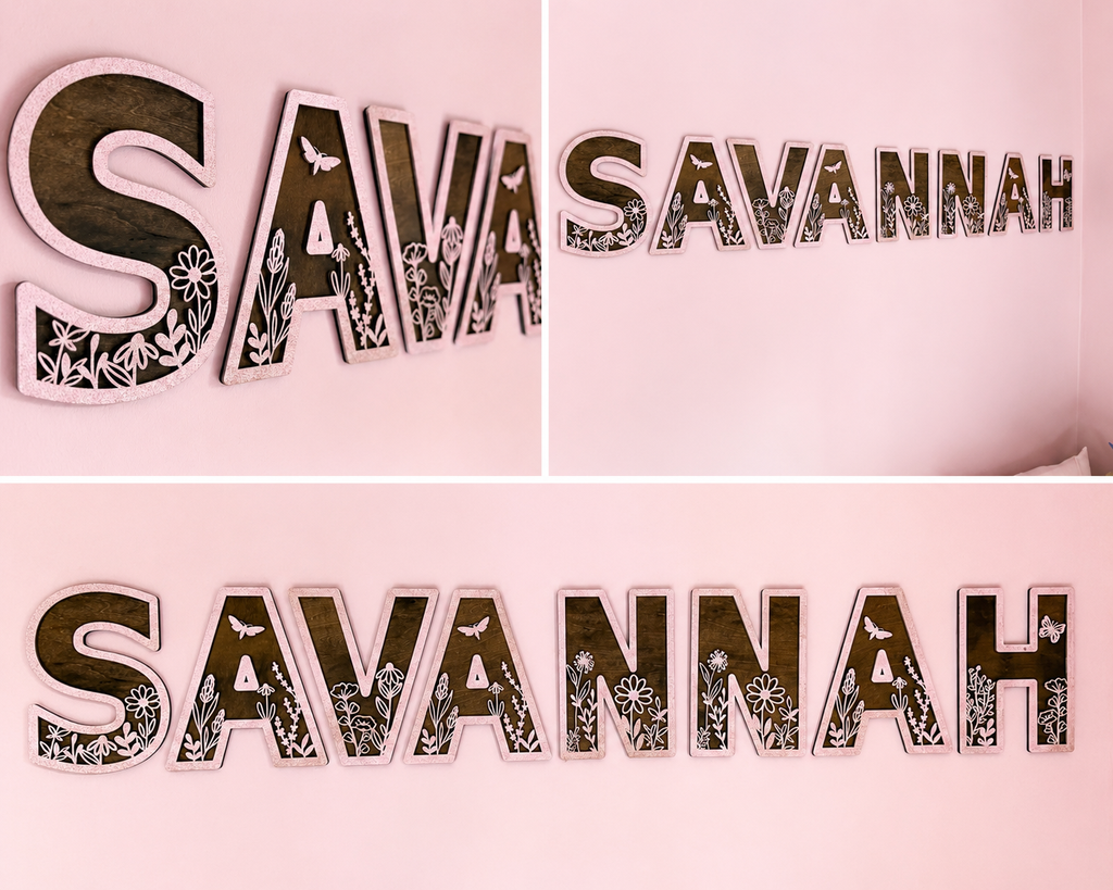 Personalized Layered Wildflower Wooden Name Sign | Custom Nursery & Kids Room Decor