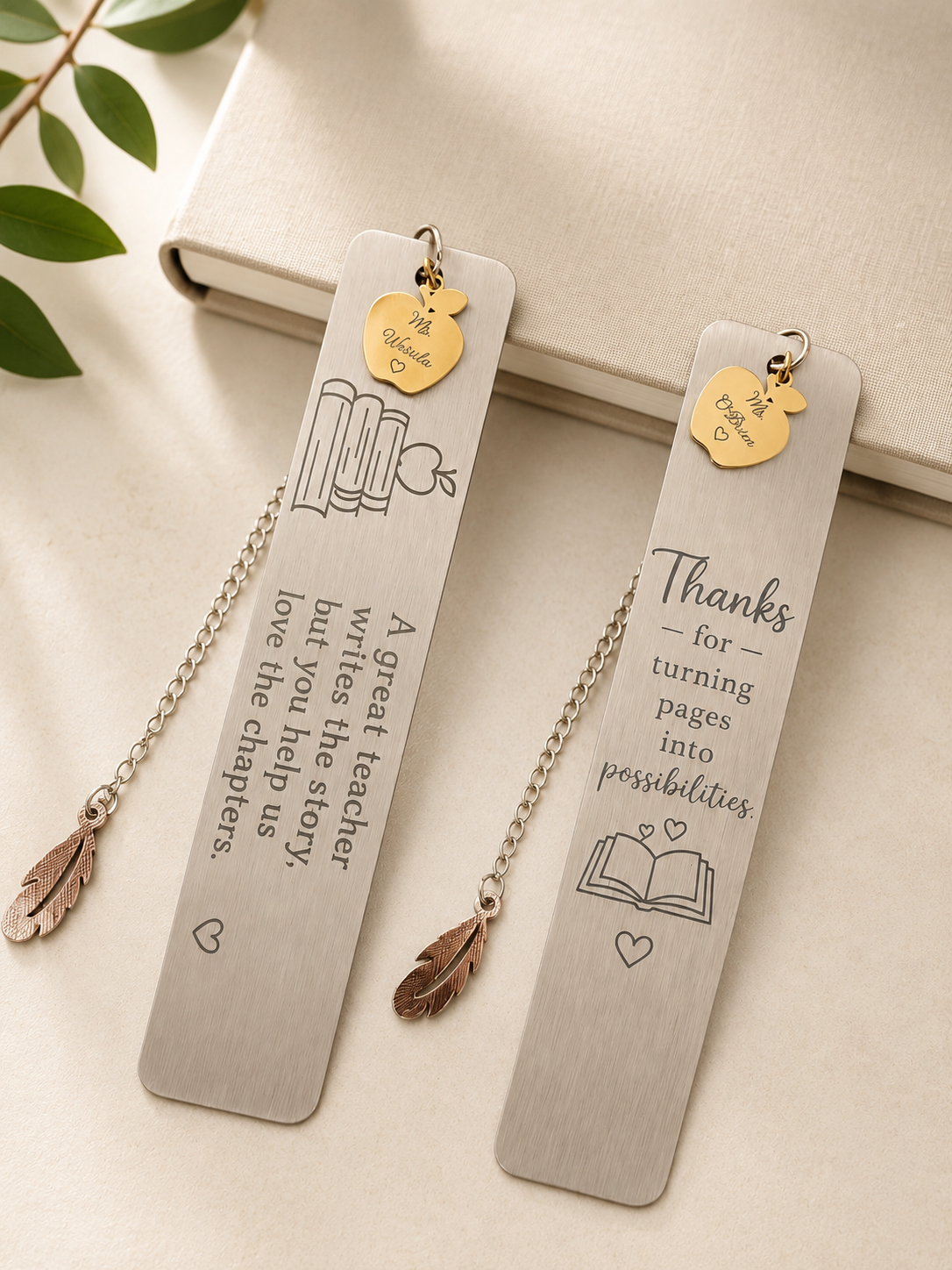 Personalized Engraved Teacher Bookmark with Apple Charm | Custom Teacher Appreciation Gift
