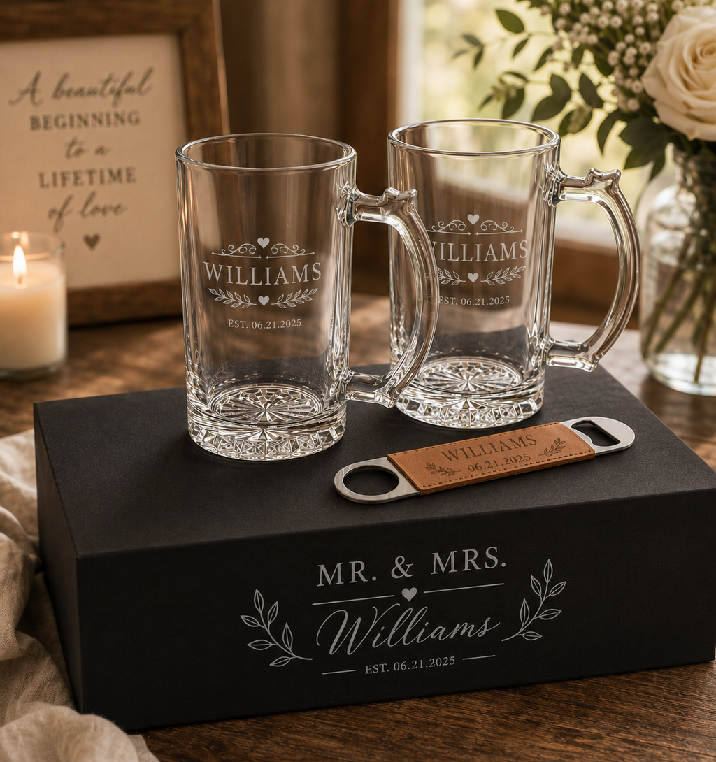 Personalized Beer Gift Set – Laser Engraved Leather Box, Custom Beer Glasses & Bottle Opener – Groomsmen, Wedding & Father’s Day Gift