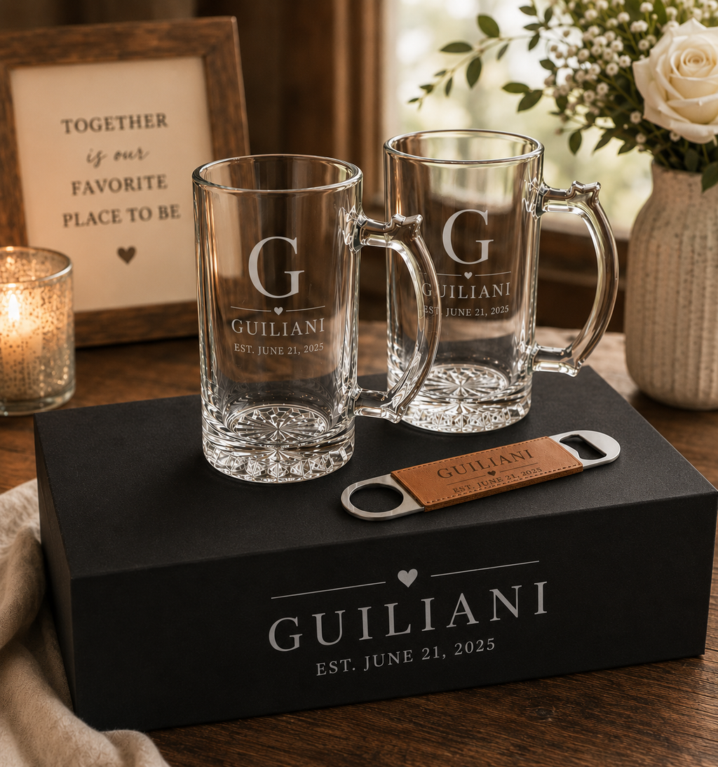 Personalized Beer Gift Set – Laser Engraved Leather Box, Custom Beer Glasses & Bottle Opener – Groomsmen, Wedding & Father’s Day Gift