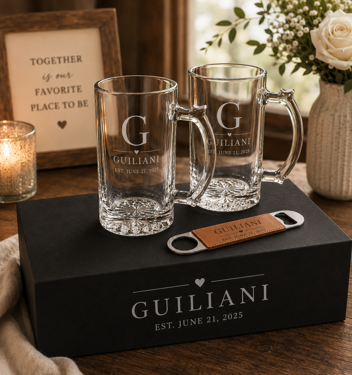 Personalized Beer Gift Set – Laser Engraved Leather Box, Custom Beer Glasses & Bottle Opener – Groomsmen, Wedding & Father’s Day Gift