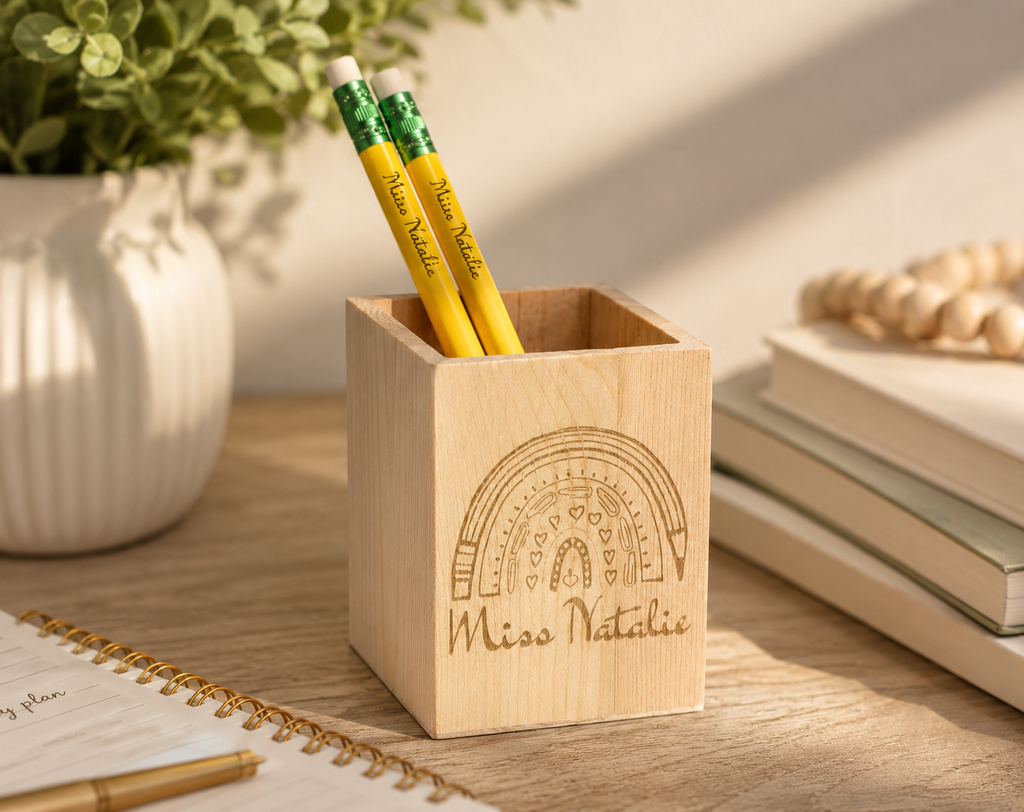 Personalized Wooden Pencil Holder Gift Set with Engraved Jumbo Pencils – Custom Teacher or Student Gift – Back to School Rainbow, Crayon or Floral Design