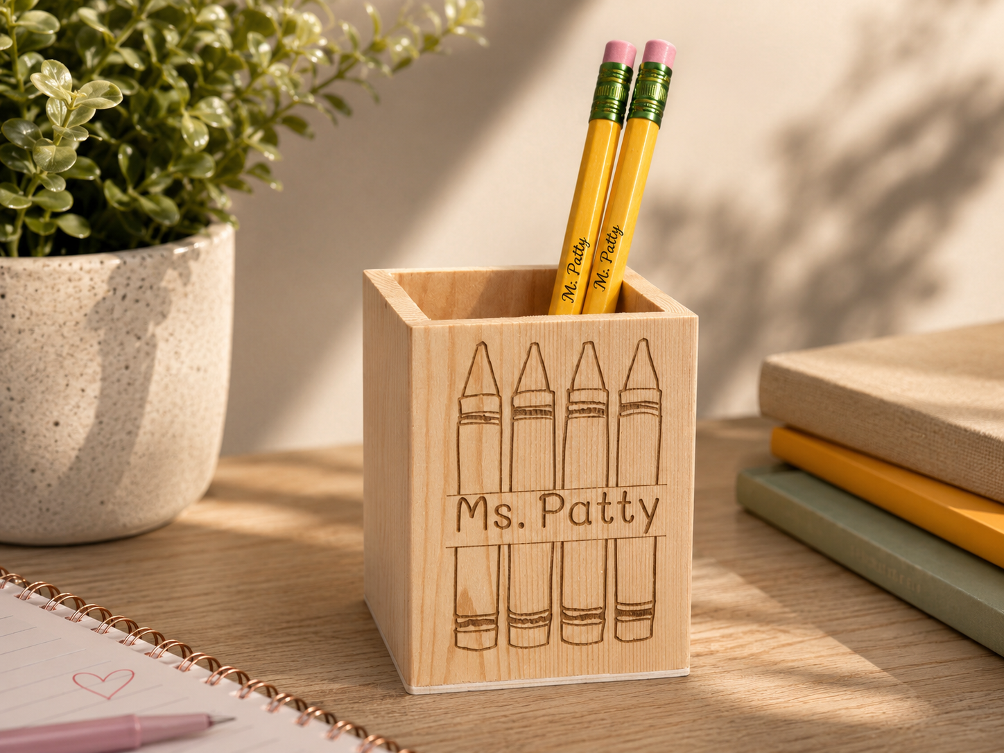 Personalized Wooden Pencil Holder Gift Set with Engraved Jumbo Pencils – Custom Teacher or Student Gift – Back to School Rainbow, Crayon or Floral Design