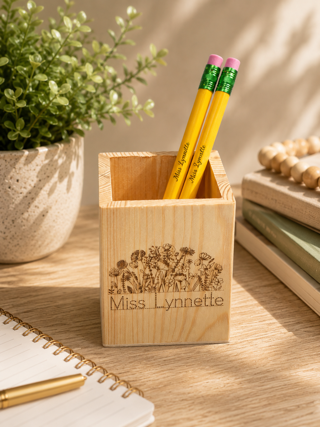 Personalized Wooden Pencil Holder Gift Set with Engraved Jumbo Pencils – Custom Teacher or Student Gift – Back to School Rainbow, Crayon or Floral Design