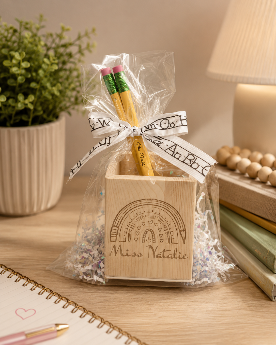 Personalized Wooden Pencil Holder Gift Set with Engraved Jumbo Pencils – Custom Teacher or Student Gift – Back to School Rainbow, Crayon or Floral Design