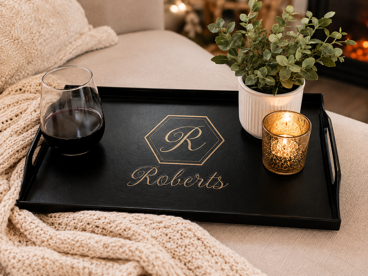 Personalized Black Metal Tray with Monogram | 15.7” x 9.2”
