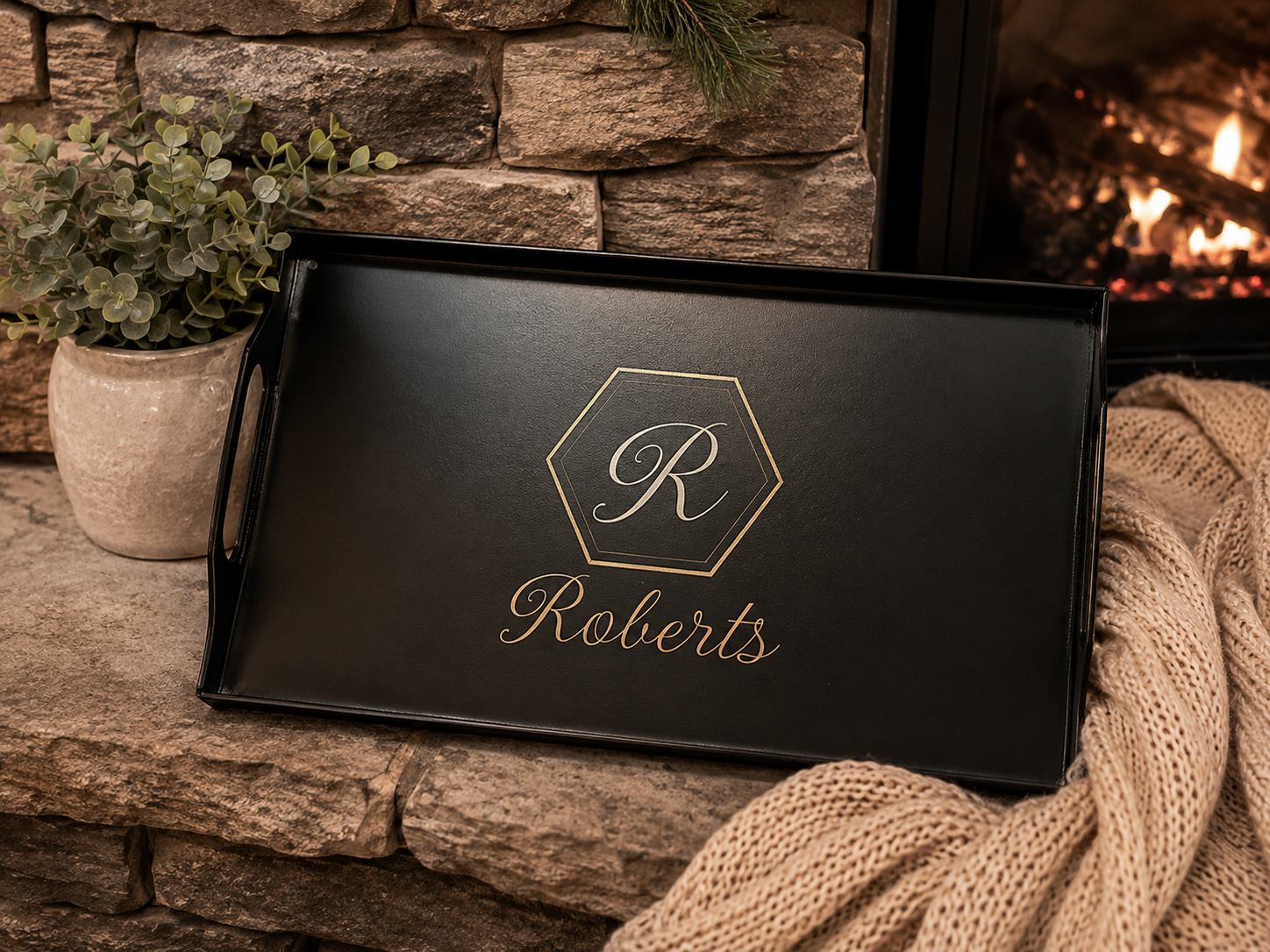 Personalized Black Metal Tray with Monogram | 15.7” x 9.2”