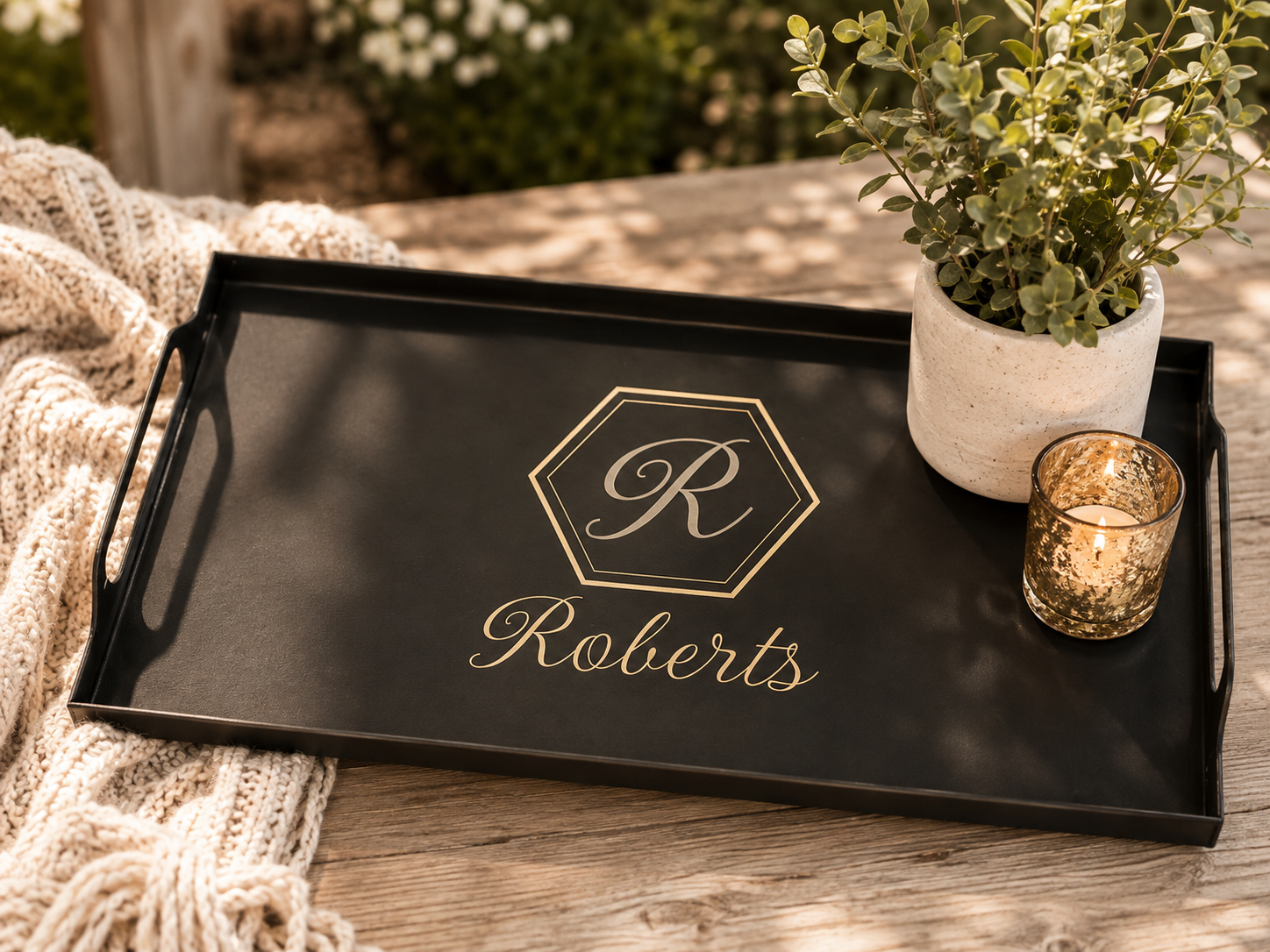 Personalized Black Metal Tray with Monogram | 15.7” x 9.2”