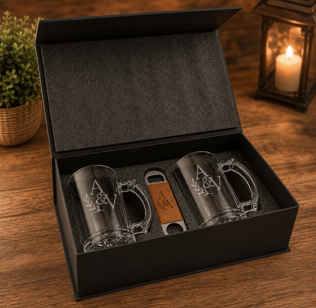 Personalized Beer Gift Set – Laser Engraved Leather Box, Custom Beer Glasses & Bottle Opener – Groomsmen, Wedding & Father’s Day Gift