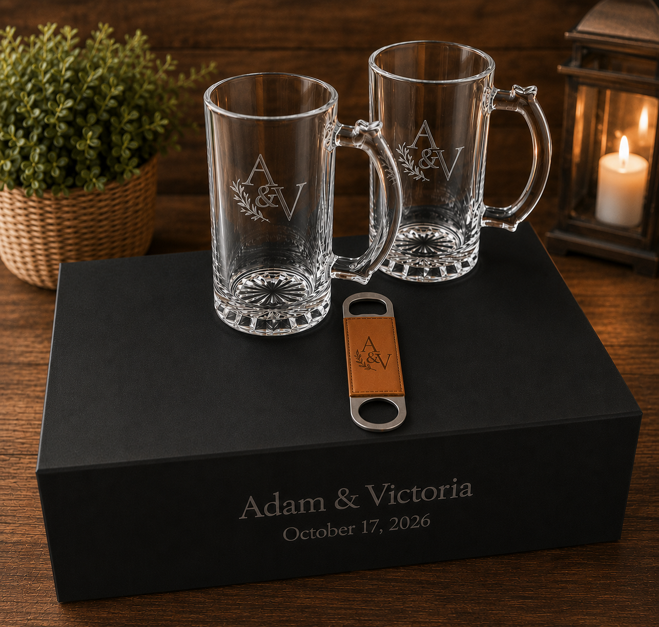 Personalized Beer Gift Set – Laser Engraved Leather Box, Custom Beer Glasses & Bottle Opener – Groomsmen, Wedding & Father’s Day Gift