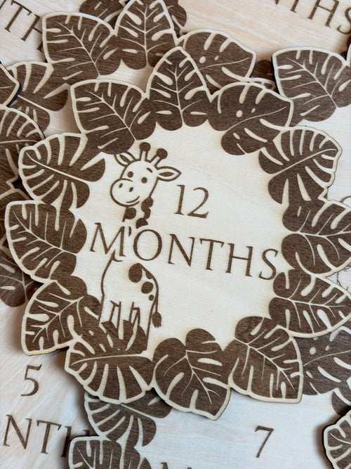 Jungle Animal Wooden Monthly Milestone Set – Baby First Year Photo Props | Laser Engraved | Set of 12